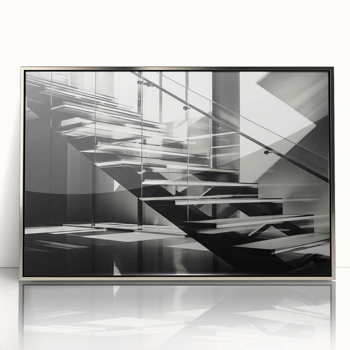 Mid-century modernist art depicting a spiral staircase in silver tones, acrylic print, ideal for modern art wall decor.