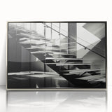 Mid-century modernist art depicting a spiral staircase in silver tones, acrylic print, ideal for modern art wall decor.