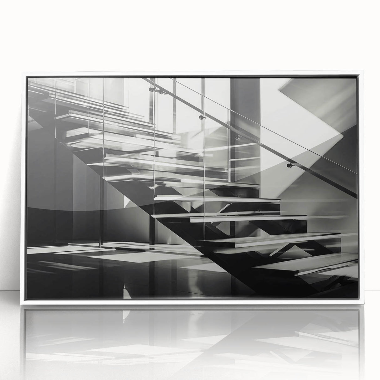 Art Deco poster featuring a spiral staircase in monochrome, acrylic framed, ideal for modern art wall decor.