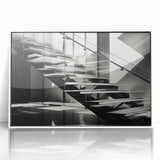 Art Deco poster featuring a spiral staircase in monochrome, acrylic framed, ideal for modern art wall decor.