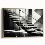 Spiral staircase in black and gold tones on a framed canvas, suitable for bedroom decor.