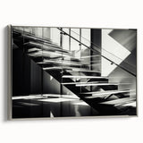 Framed canvas featuring a silver side view of a vintage staircase in black and gray tones.