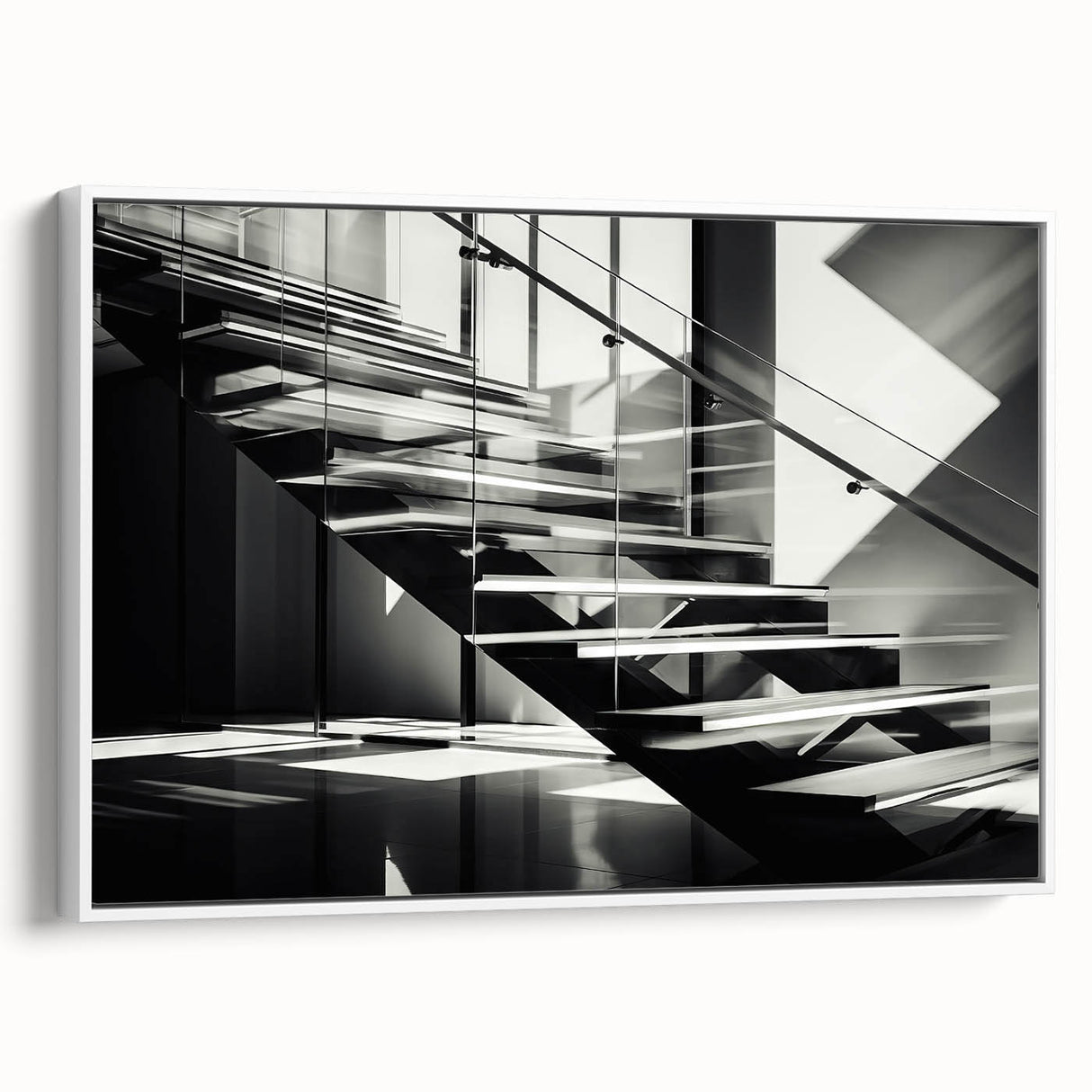 Vintage poster art of a spiral staircase in black and white, framed canvas, suited for living room decor.