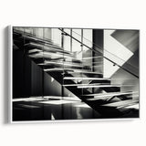 Vintage poster art of a spiral staircase in black and white, framed canvas, suited for living room decor.