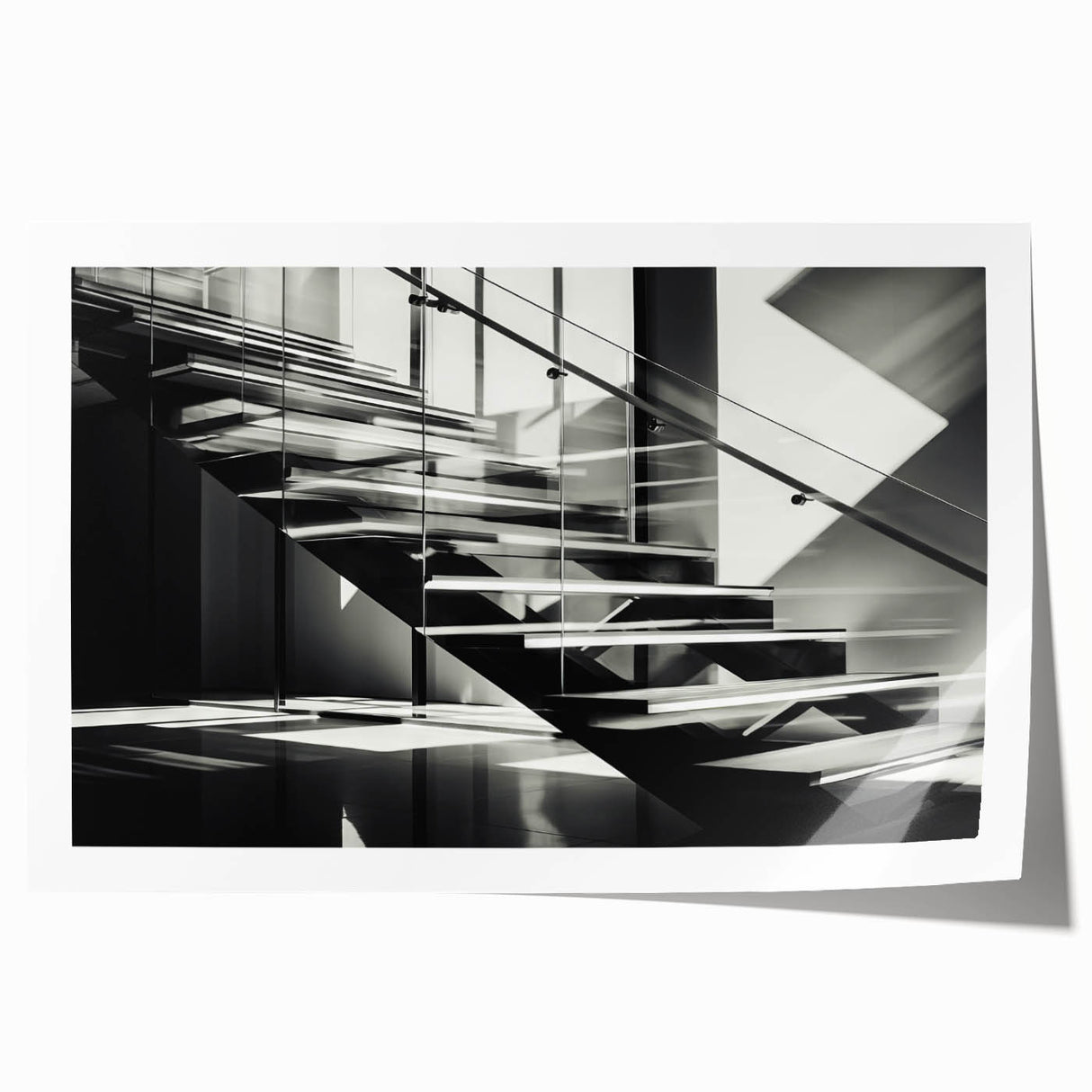 Rolled print of a spiral staircase in muted gray tones, suitable for art wall dining room or large bathroom decor.