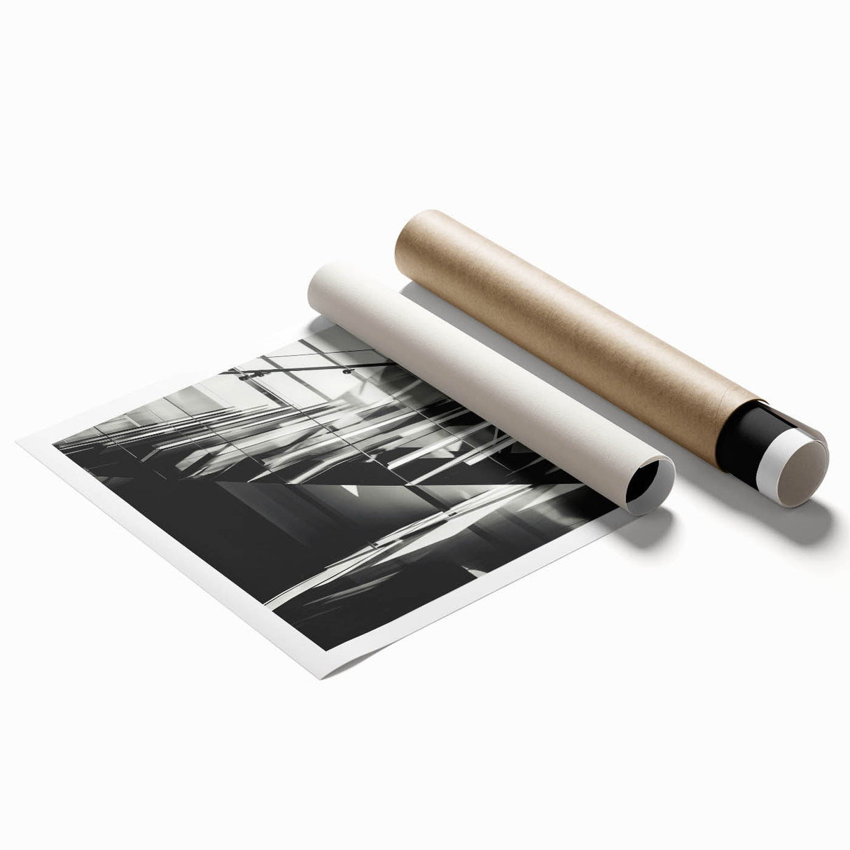 Extra large rolled print of a minimalist architectural staircase in grayscale, suitable for classy bathroom wall art.
