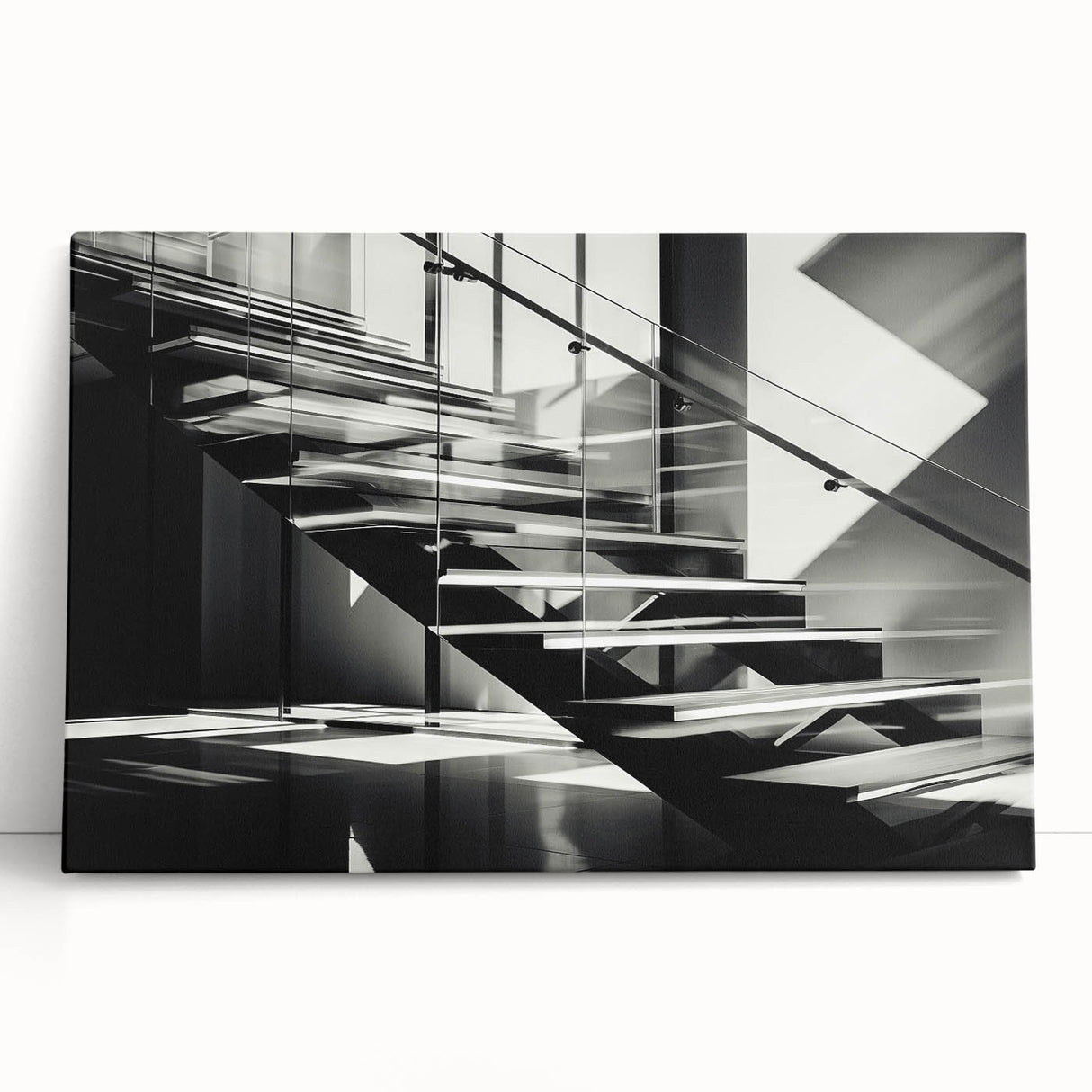 Black and white photo of a spiral staircase on stretched canvas, suitable as kitchen wall art or bedroom decor.