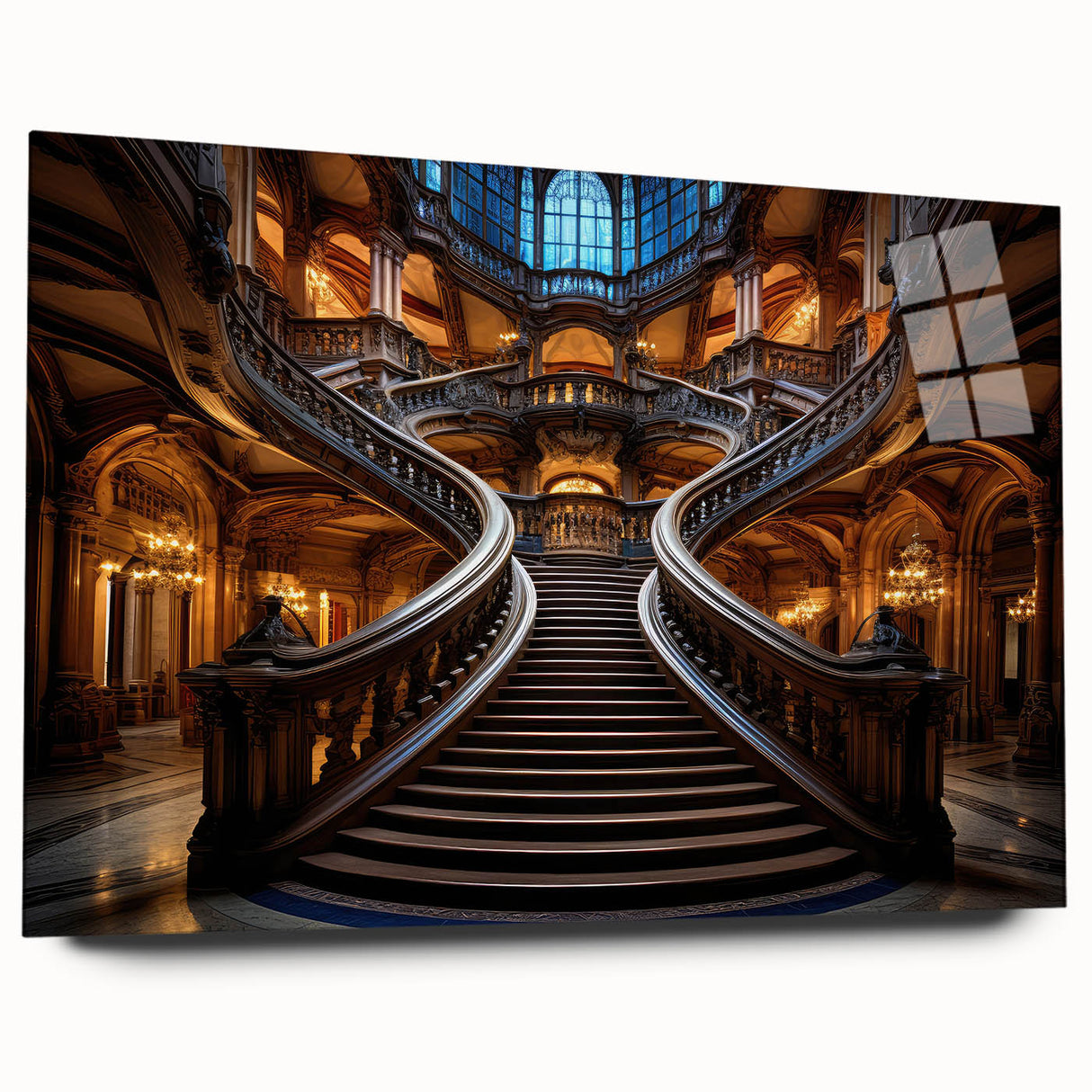 Large abstract wall art featuring a spiral staircase in monochrome tones on acrylic glass.