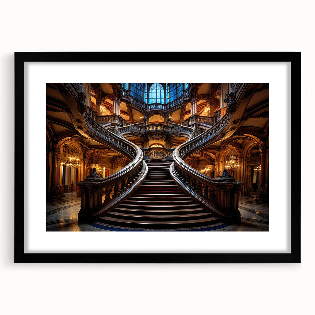 Extra large abstract art print featuring a colorful, textured staircase design on a black framed canvas.