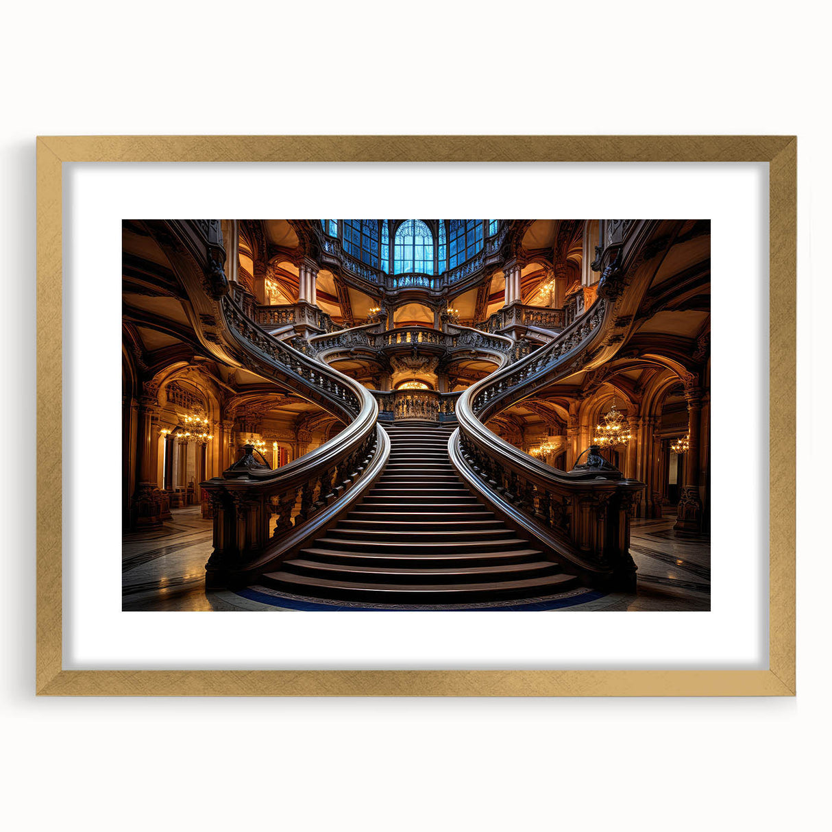 Extra large abstract art print featuring a textured staircase design in gold and black tones, framed with a mat.
