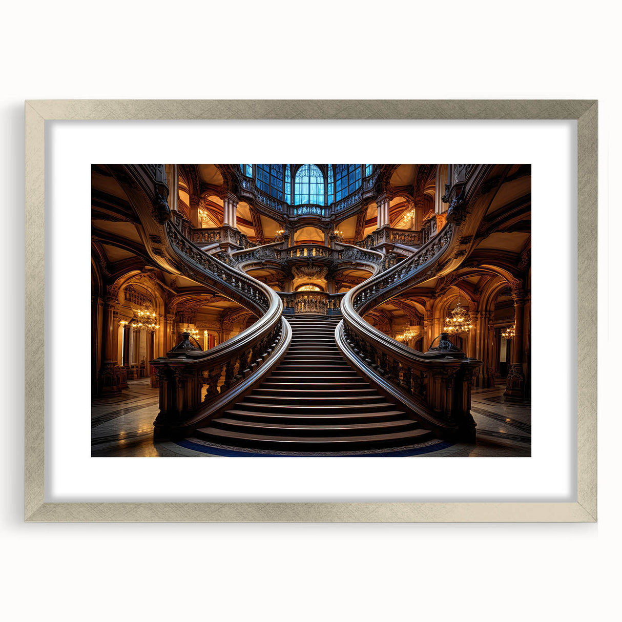 Textured art print of an abstract staircase in muted gray, framed in silver, ideal for bedroom wall decor.