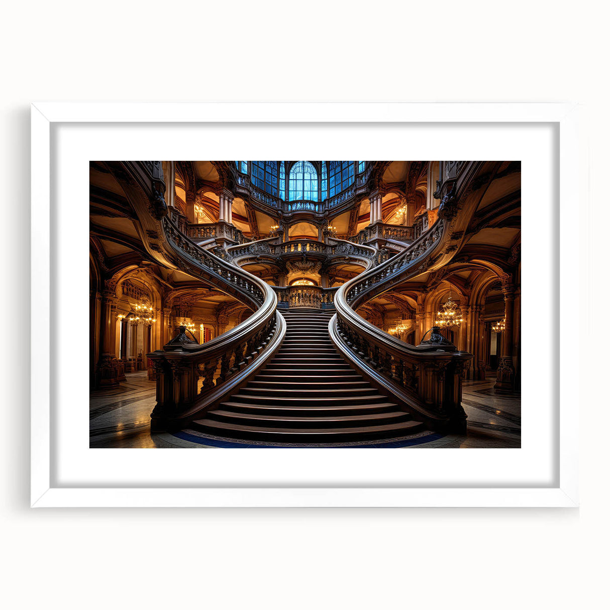 Abstract art print of a spiral staircase in monochrome, framed with a white mat, suitable for bedroom or dining room decor.