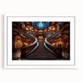 Abstract art print of a spiral staircase in monochrome, framed with a white mat, suitable for bedroom or dining room decor.