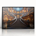 Large abstract wall art featuring a spiral staircase design in black and white, framed in acrylic.