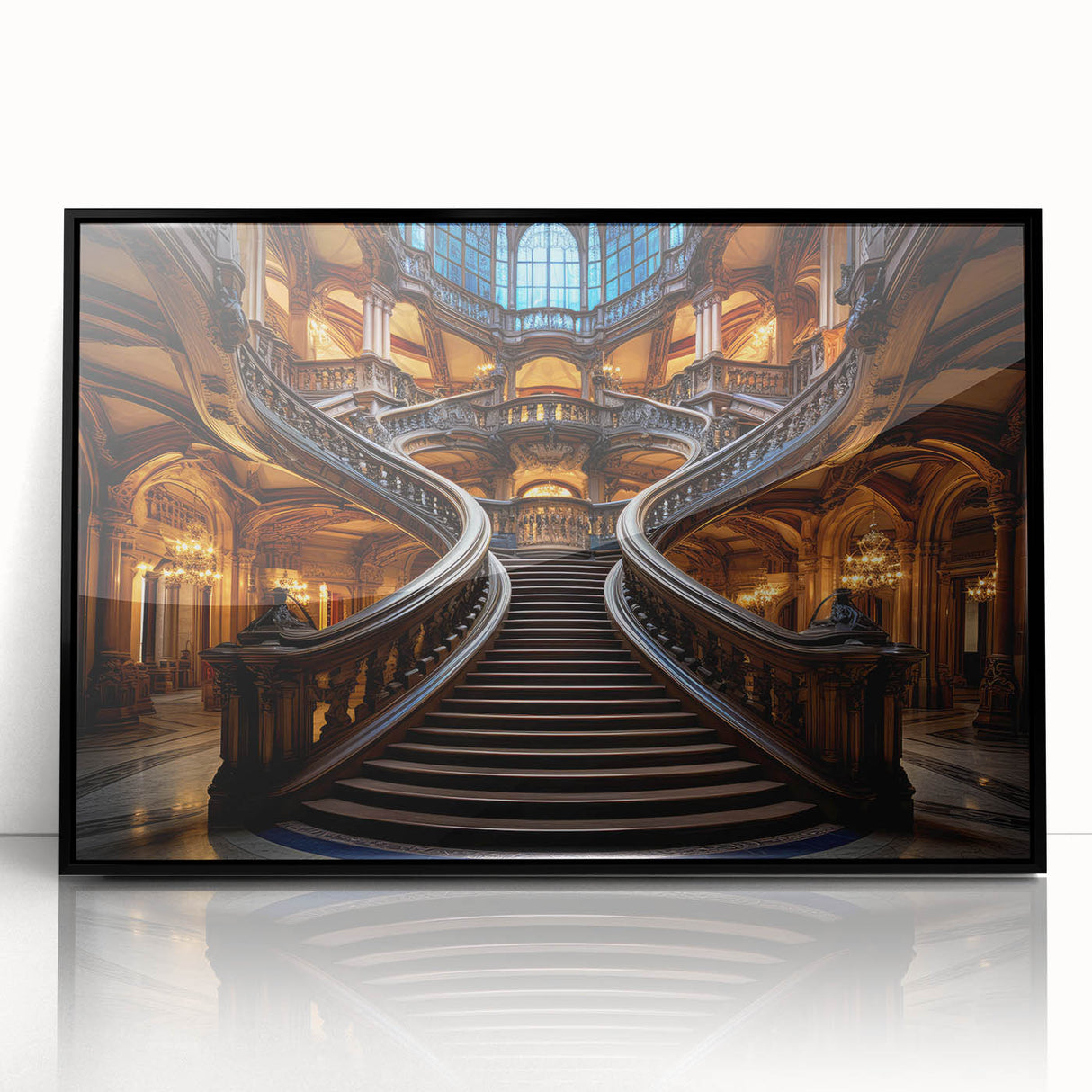 Large abstract wall art featuring a spiral staircase design in black and white, framed in acrylic.