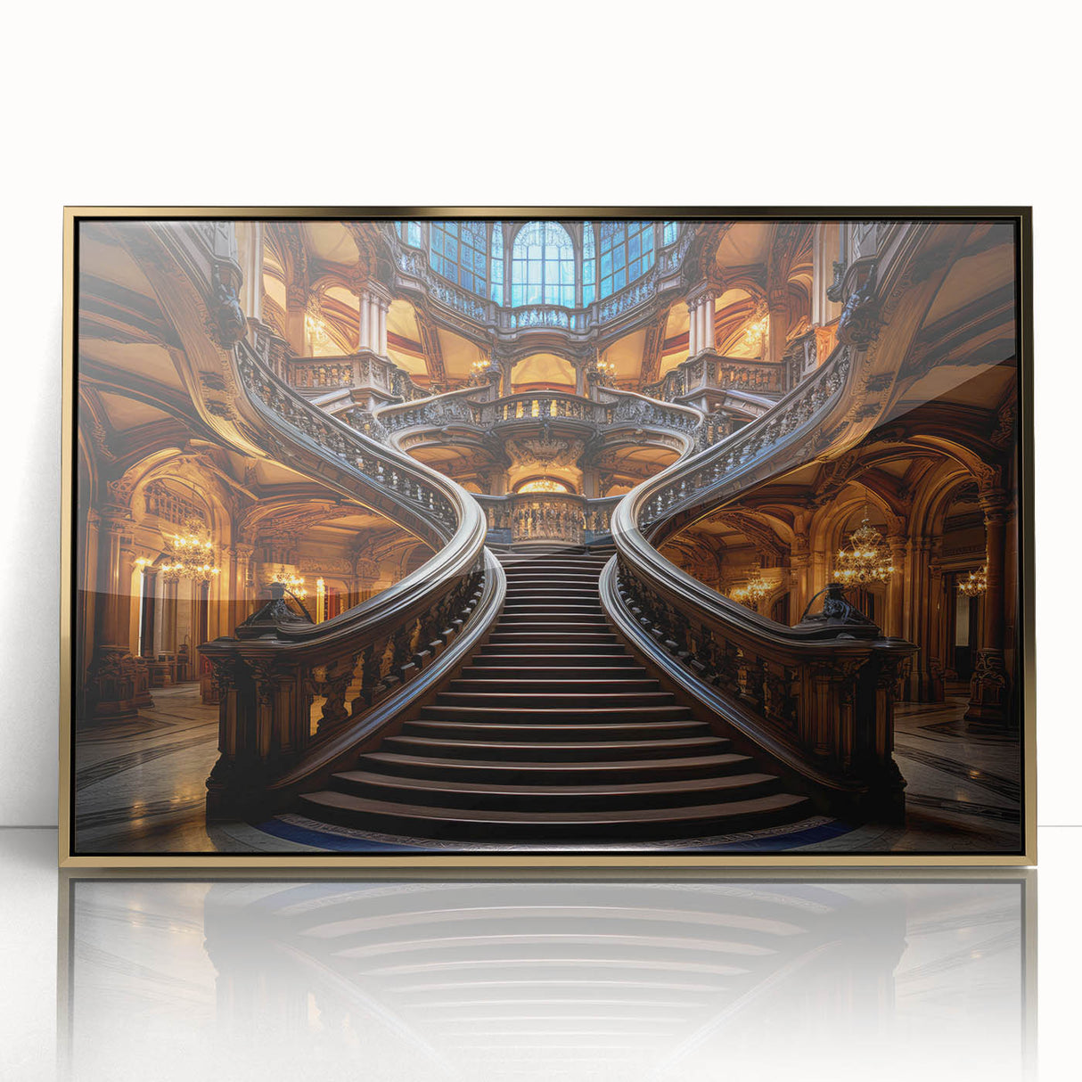 Mid-century modernist staircase design in gold and beige tones on framed acrylic, suitable for modern art wall decor.