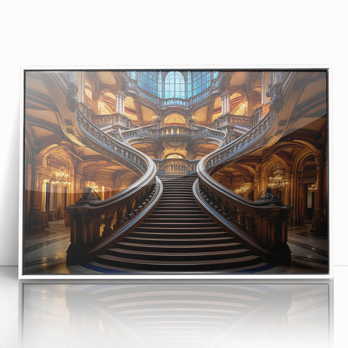 Art Deco poster of a spiral staircase in black and white, framed acrylic, ideal for modern art wall decor.