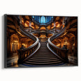 Black and white framed canvas of a spiral staircase, ideal for bedroom wall art.