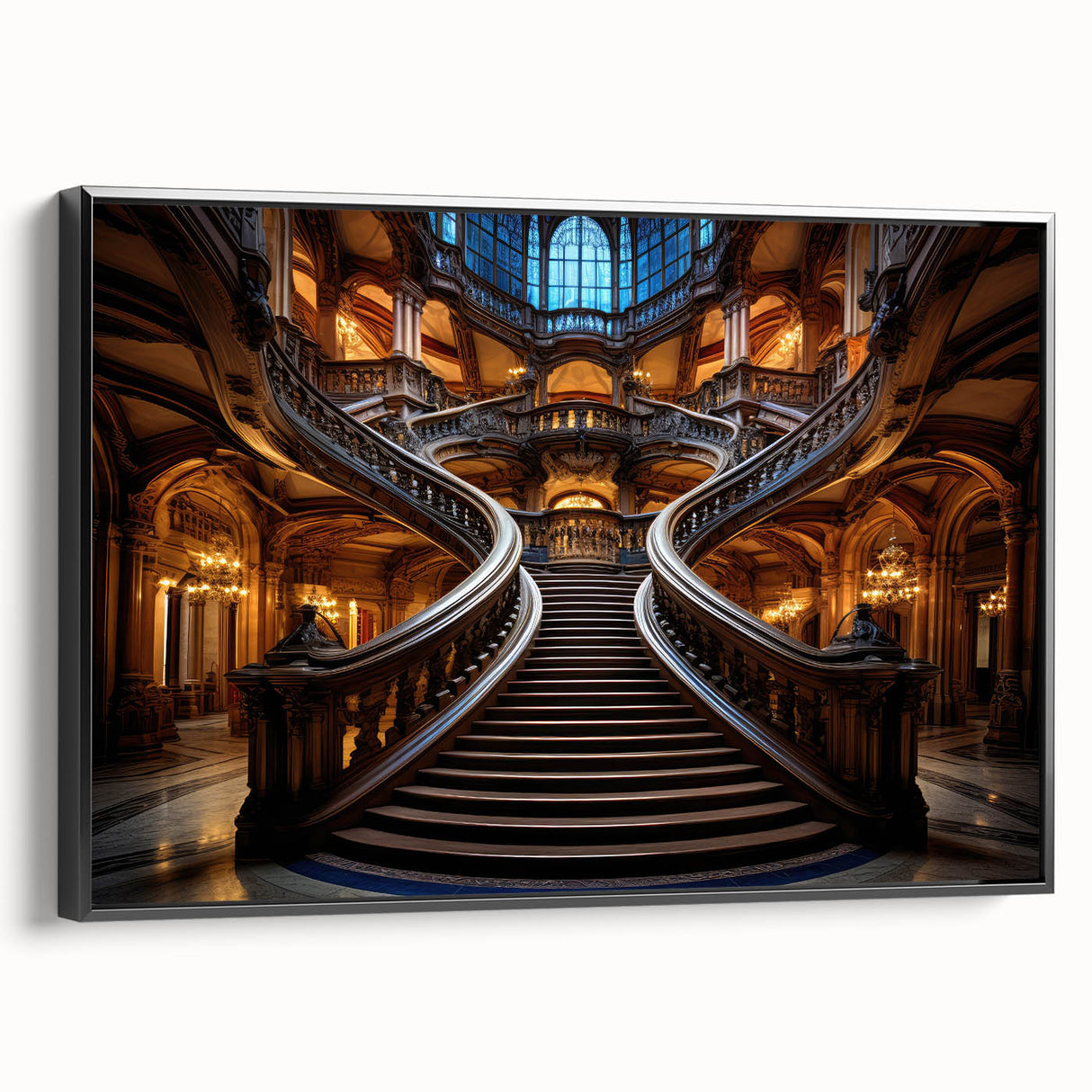 Black and white framed canvas of a spiral staircase, ideal for bedroom wall art.
