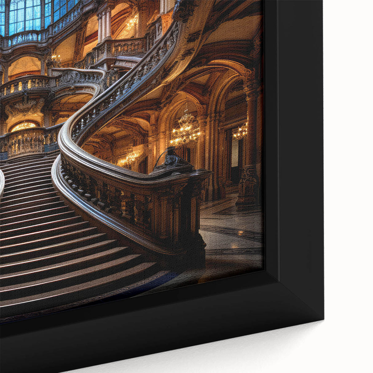 Close-up of a black wall art featuring a colorful, textured staircase design on an extra large framed canvas.