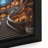 Close-up of a black wall art featuring a colorful, textured staircase design on an extra large framed canvas.