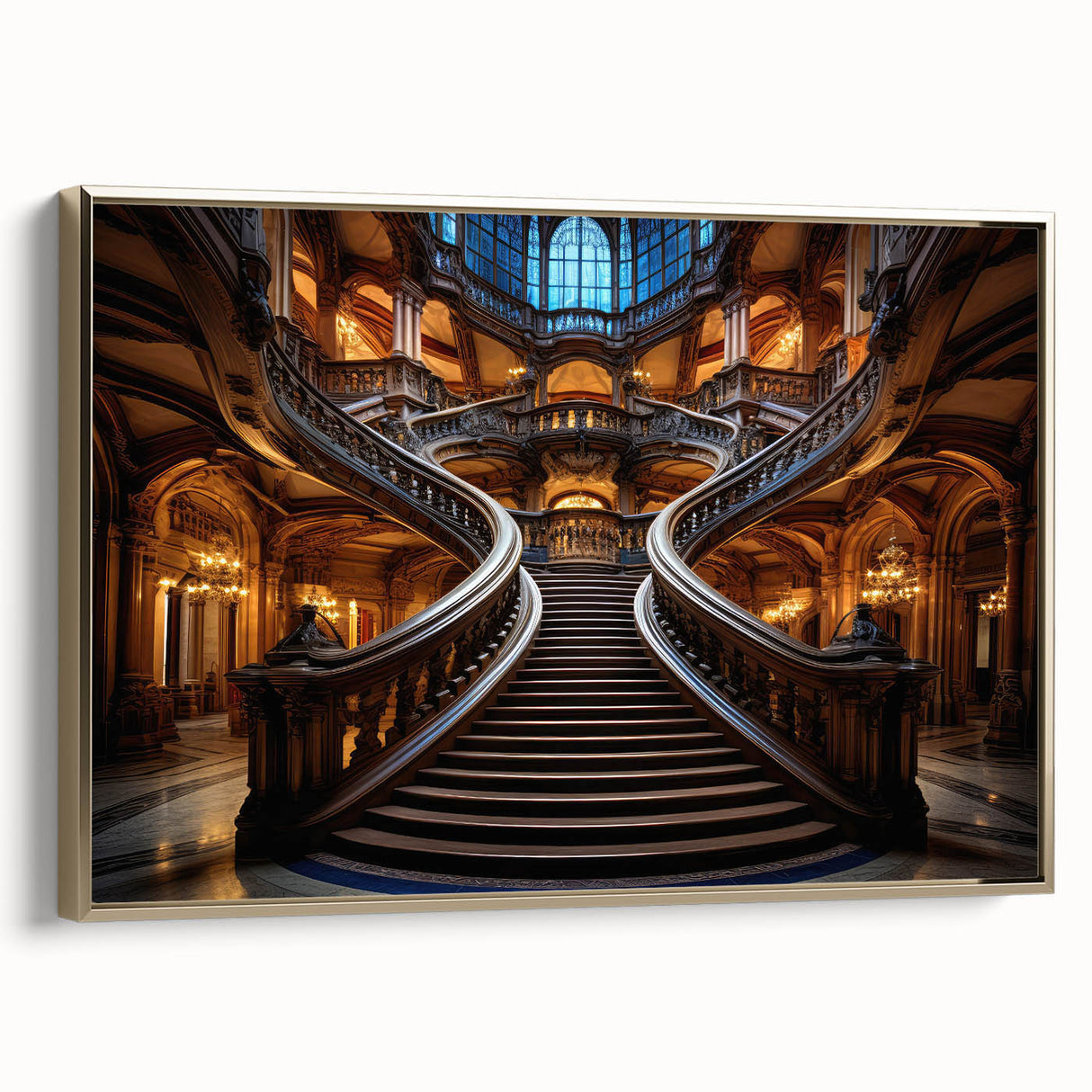 Framed canvas featuring a vintage poster of a golden spiral staircase, ideal for bedroom wall art.
