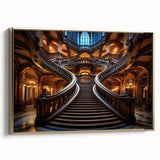 Framed canvas featuring a vintage poster of a golden spiral staircase, ideal for bedroom wall art.