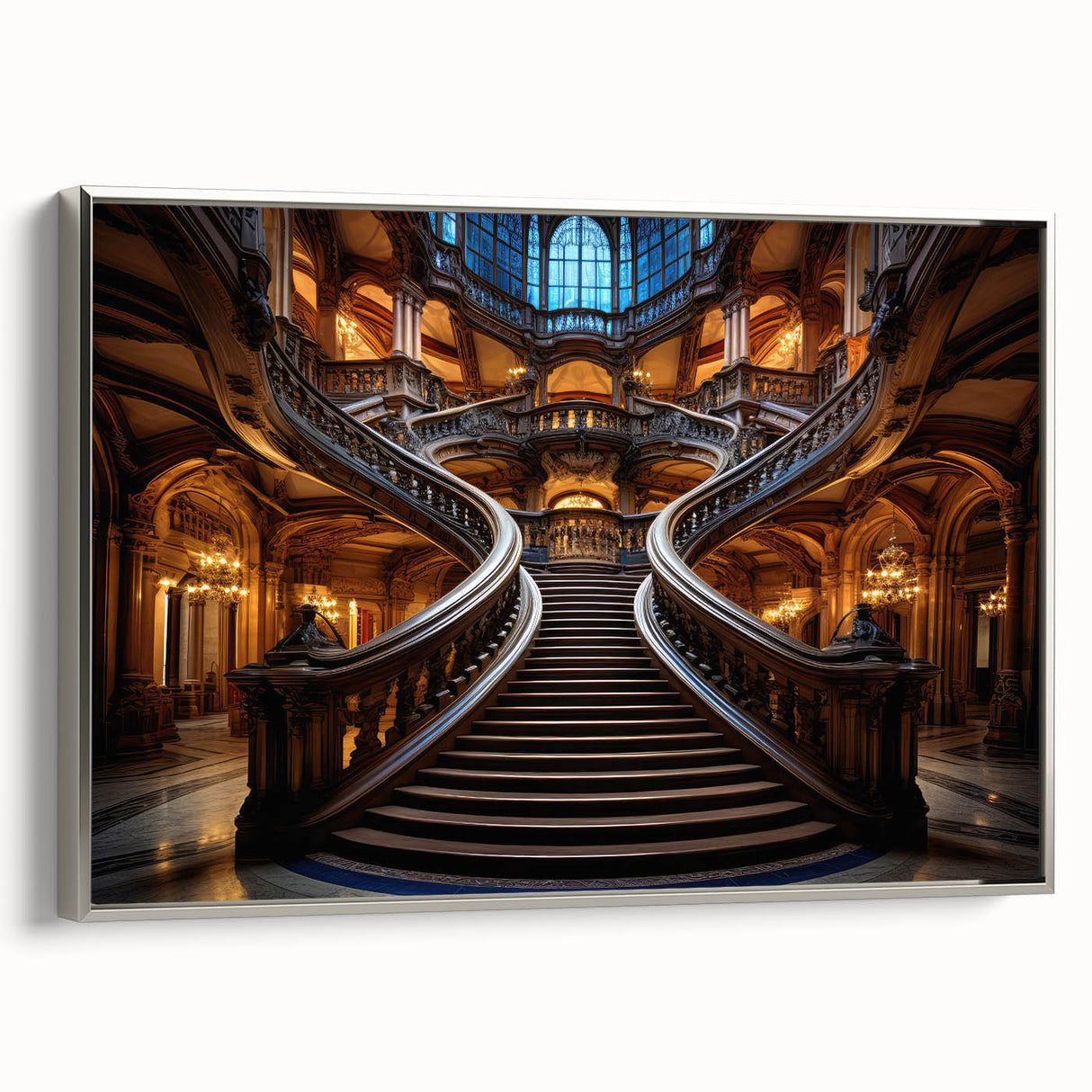 Framed canvas of a vintage staircase design in black with colorful abstract elements, ideal for modern home decor.