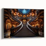 Framed canvas of a vintage staircase design in black with colorful abstract elements, ideal for modern home decor.