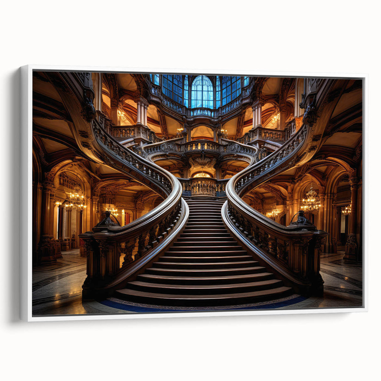 Vintage poster art of a spiral staircase in black and white, framed canvas, ideal for modern living room decor.