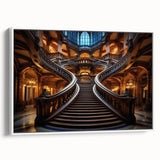 Vintage poster art of a spiral staircase in black and white, framed canvas, ideal for modern living room decor.