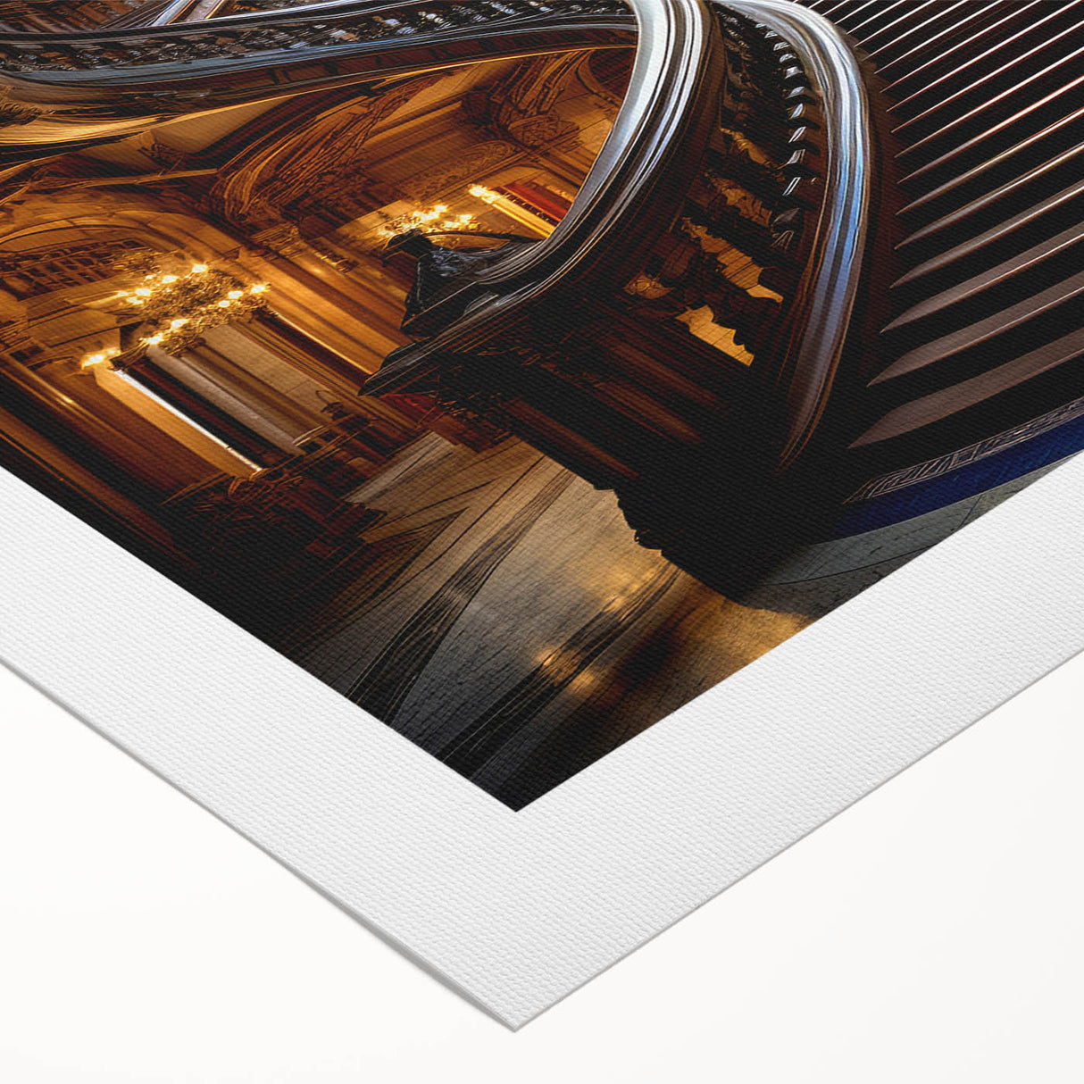 Art deco poster of a spiral staircase in monochrome, printed on rolled canvas, suitable for dining room wall art.