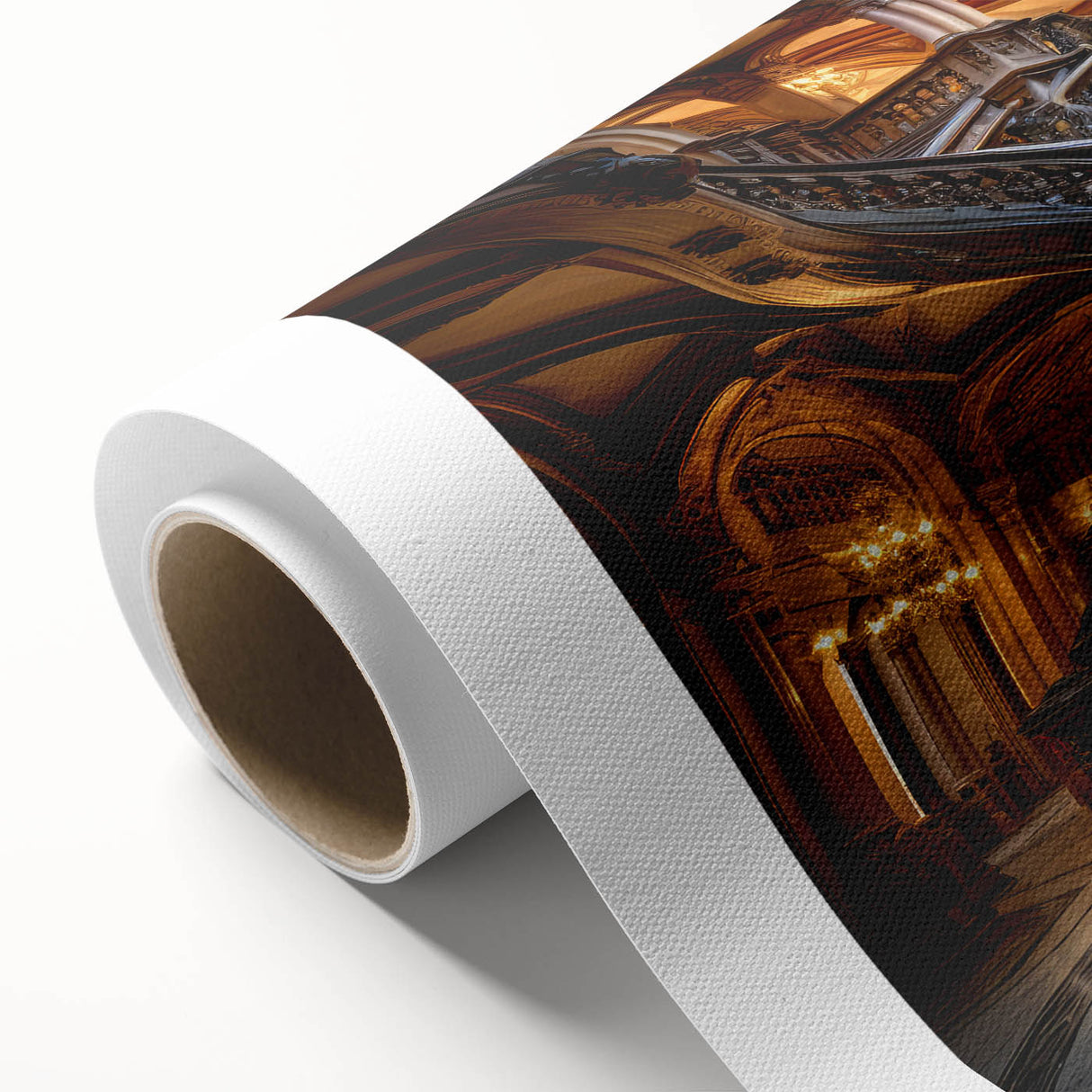 Art Deco poster of a spiral staircase in monochrome, printed on rolled canvas, ideal for dining room wall art.