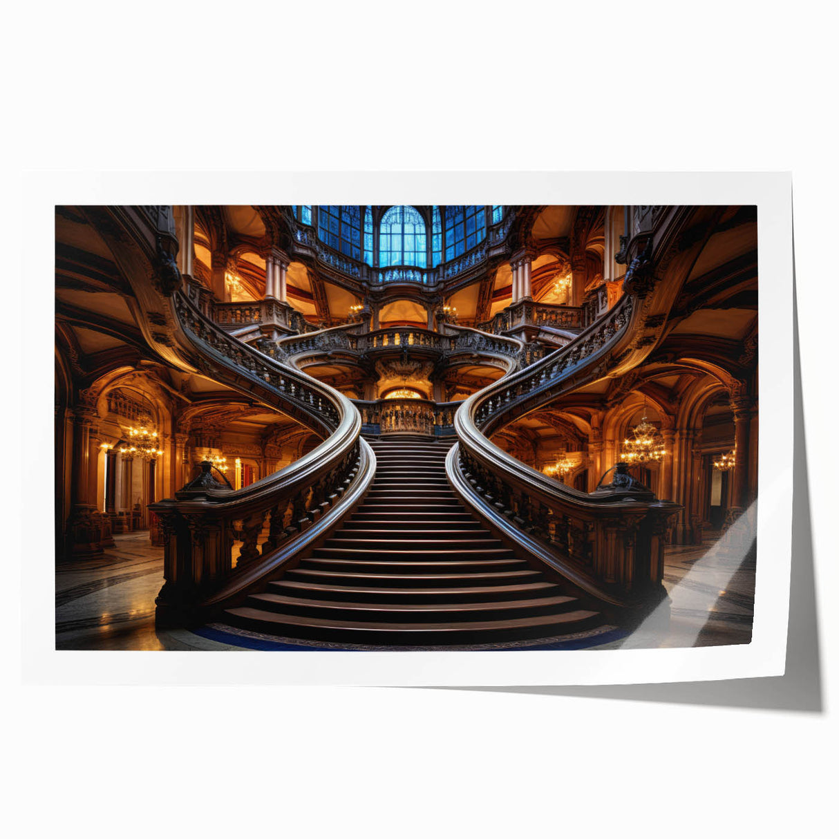 Spiral staircase design in monochrome, extra large rolled canvas print, suitable for art wall dining room.