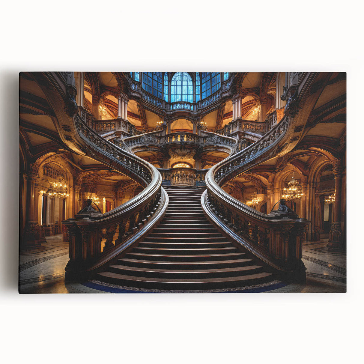 Black and white photo of a spiral staircase on large stretched canvas, suitable for kitchen wall art.