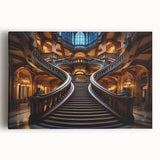 Black and white photo of a spiral staircase on large stretched canvas, suitable for kitchen wall art.