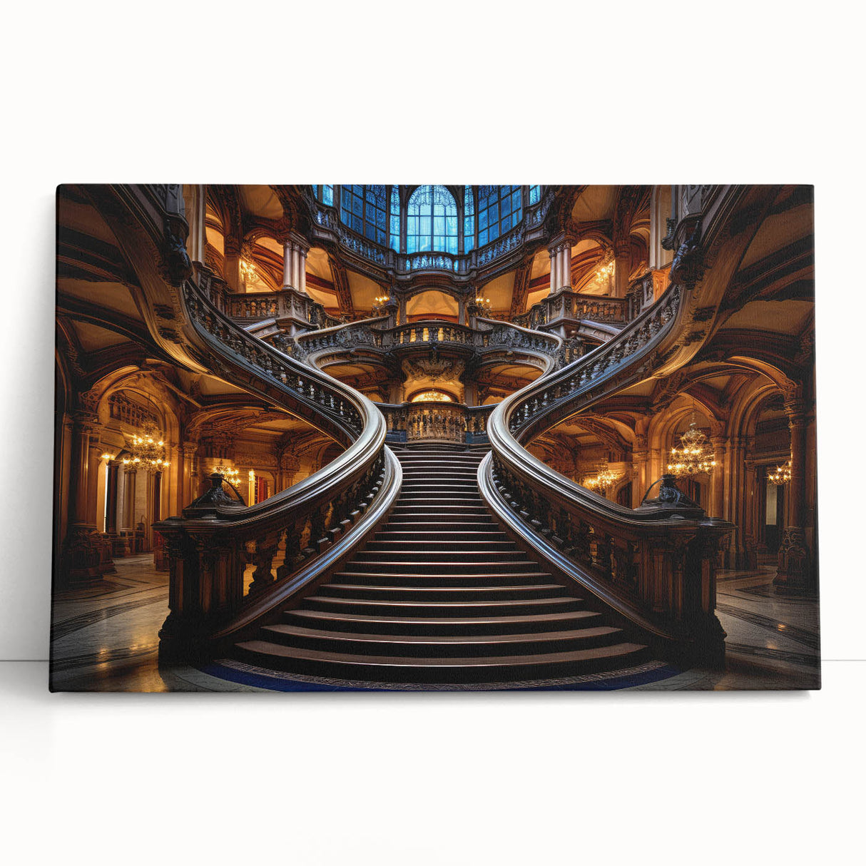 Black and white photograph of a spiral staircase on stretched canvas, suitable as large art for kitchen or bedroom.