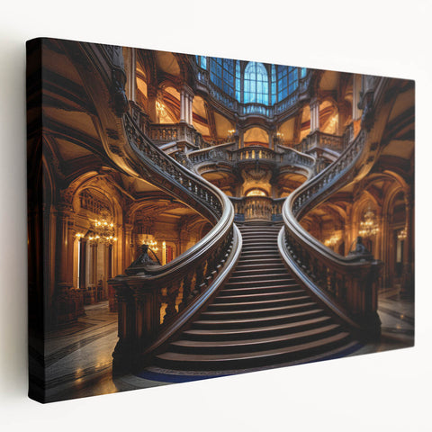 Side view of a spiral staircase in muted monochrome, printed on large stretched canvas, suitable for kitchen wall art.