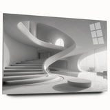 Large abstract wall art on acrylic glass showing a spiral staircase in monochrome.