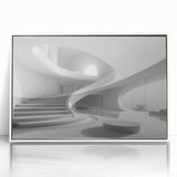 Art deco poster featuring a geometric staircase design in black and white, acrylic framed, ideal for modern art wall decor.