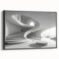 Black and white framed canvas featuring a spiral staircase design in a vintage poster art style.