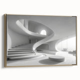 Framed canvas of a vintage-style black staircase in a muted gold and black color palette, suitable for bedroom decor.