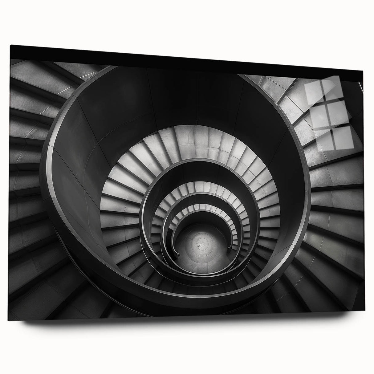Large abstract acrylic print of a spiral staircase in grayscale, ideal for modern bedroom or dining room decor.