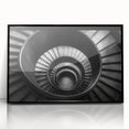 Large abstract wall art featuring a spiral staircase in black and white, framed in acrylic.