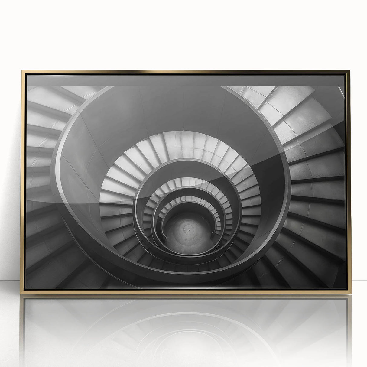 Mid-century modernist staircase design in gold and black tones on framed acrylic, suitable for modern art wall decor.