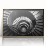 Mid-century modernist staircase design in gold and black tones on framed acrylic, suitable for modern art wall decor.