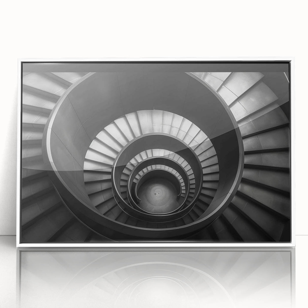 Art deco poster of a spiral staircase in monochrome, acrylic print in a white frame, suitable for modern art wall decor.