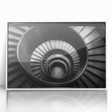 Art deco poster of a spiral staircase in monochrome, acrylic print in a white frame, suitable for modern art wall decor.