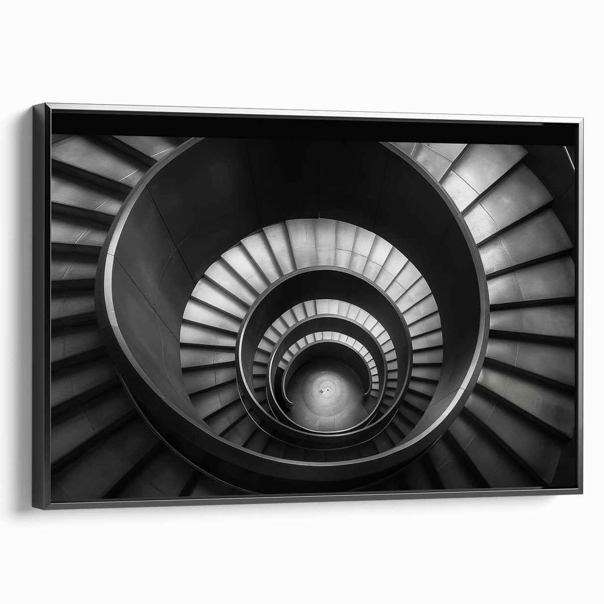Framed canvas depicting a black and white vintage staircase design, ideal for bedroom wall art.