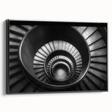 Framed canvas depicting a black and white vintage staircase design, ideal for bedroom wall art.